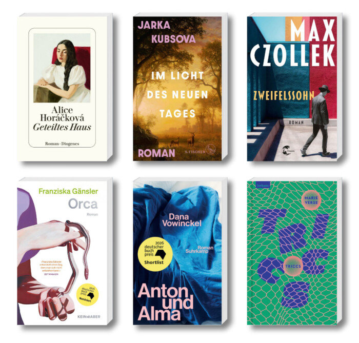 Die besten Bücher im Oktober 2026: Buchcover von Dana Vowinckel, Franziska Gänsler, Max Czollek, Jarka Kubsova, Marie Verse, und Alice Alice Horáčkova
